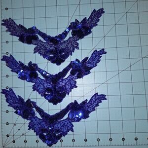 Blue and blue iris sequin and bead neckline appliques set of 3